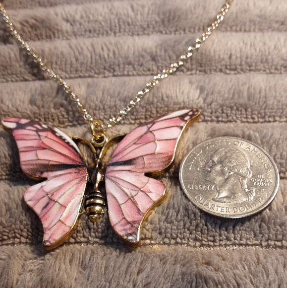 Handmade Butterfly Necklace Pink Goldtone 25" Long Chain - Picture 2 of 4